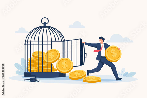 Businessman opening a birdcage full of gold dollar coins, metaphor for financial freedom, unlocking wealth, releasing capital, investment growth, and economic liberation flat vector illustration.