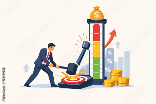 Businessman hitting a high striker strength tester with a hammer to reach a money bag, symbolizing business growth, financial success, hitting targets, and increasing profit percentages.