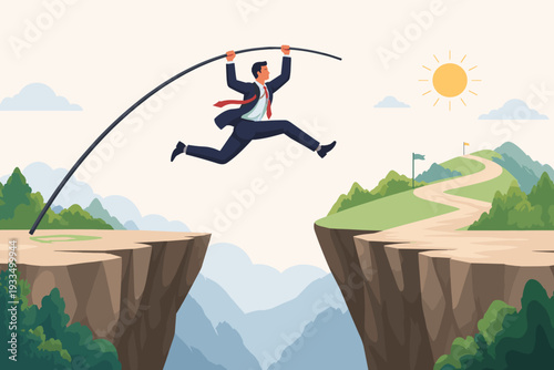 Businessman Pole Vaulting Across a Deep Valley to Reach a Mountain Path, Concept of Overcoming Business Obstacles, Crisis Management, Risk Taking, Ambition, and Achieving Success and Career Goals.