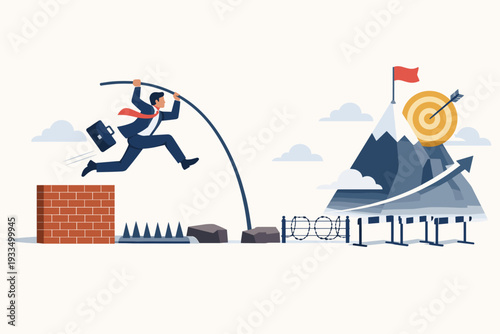 Businessman Pole Vaulting Over Obstacles and Barriers to Reach a Mountain Peak with a Target and Flag. Concept of Overcoming Challenges, Business Success, Ambition, and Achieving Career Goals.