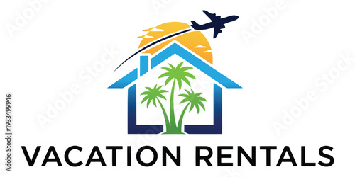 Vacation Rentals Logo with Tropical House and Airplane Icon