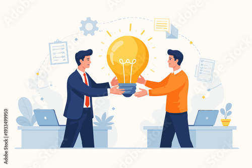 Professional businessmen sharing a large glowing light bulb in an office, symbolizing teamwork, creative innovation, knowledge transfer, collaboration, and successful project management ideas.