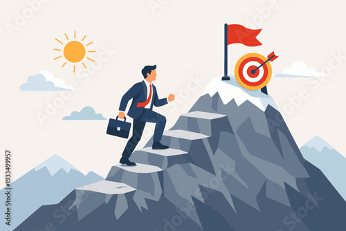 Businessman climbing stairs on a mountain peak to reach a target and flag. Concept of career growth, success, goal achievement, leadership, and determination. Flat vector illustration design.