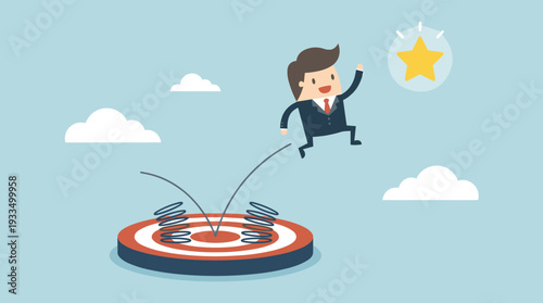 Successful businessman jumping on a target like a trampoline to reach a bright star. Flat vector illustration concept for business goals, achievement, ambition, career growth, and motivation.