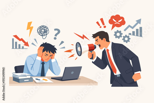 Angry Boss Shouting through Megaphone at Stressed Employee at Desk, Toxic Workplace Environment, Business Conflict, Management Pressure, Professional Burnout, and Corporate Failure Illustration