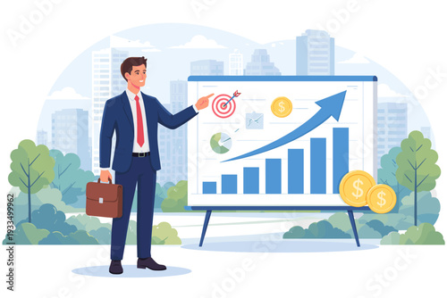 Successful businessman in a suit pointing at a financial growth graph on a presentation board with a target and gold coins, representing corporate success and profit in a city background.