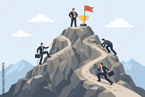 Businessmen climbing a mountain to reach success and top position. Professional leaders striving for achievement, career growth, and victory with a golden trophy and flag at the peak. Business