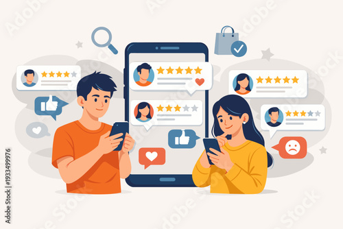Customers checking online reviews and star ratings on mobile phones before purchasing products. Vector illustration of people using smartphones for feedback, shopping experience, and marketing.