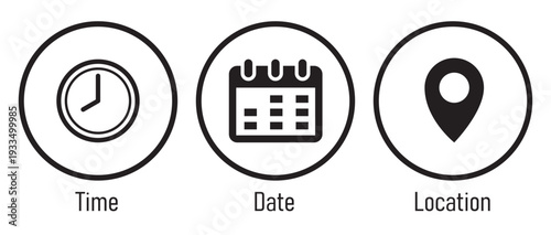 Time date location icons set flat design vector illustration minimalist clock calendar pin