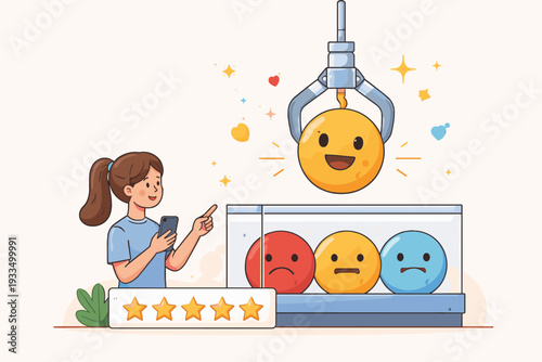 Vector illustration of a woman rating service with a smartphone, featuring a claw machine picking a happy smiley face emoticon above sad ones, symbolizing customer satisfaction and 5-star reviews.