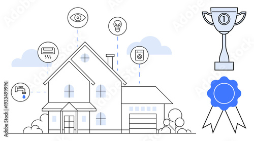 Smart home automation. Smart devices thumbs up security cameras and temperature control enhance efficiency and safety. Smart home systems increase value and convenience. Use for real estate, tech
