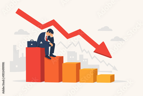 Economic Recession and Financial Crisis Concept with Sad Unemployed Businessman Sitting on Falling Bar Chart with Red Arrow Pointing Down, Representing Stock Market Crash, Bankruptcy and Loss.