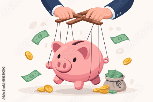Financial Control Concept Featuring Hands in a Suit Manipulating a Pink Piggy Bank as a Puppet with Strings, Surrounded by Falling Dollar Bills and Gold Coins in a Flat Vector Illustration Style