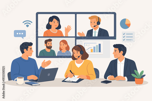 Videoconferencing and Online Meeting Concept with Businesspeople Having a Conference Call in a Modern Office. Hybrid Workspace with Remote Team Collaboration, Digital Communication, and Data.
