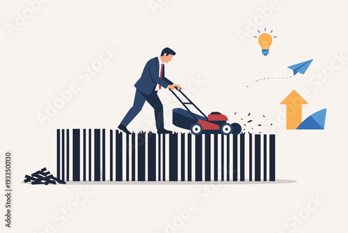 Businessman in a Suit Using a Lawn Mower to Cut a Barcode, Illustrating Rebranding, Corporate Identity Transformation, Business Growth, Innovation, and Streamlining Retail Marketing Strategies.