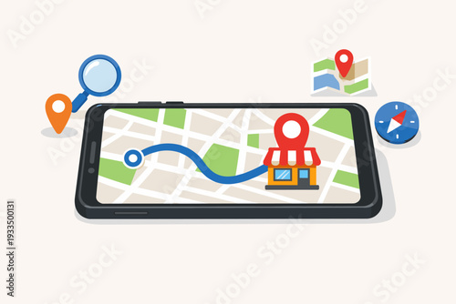 Smartphone with city map and store location on screen. Mobile navigation app for local search, finding retail shops, and GPS tracking. Digital map with route pin, compass, and search icons.