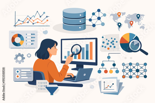 Woman analyzing big data and complex statistics on computer screen with magnifying glass. Concept of data science, engineering, business intelligence, information visualization, and analytics.