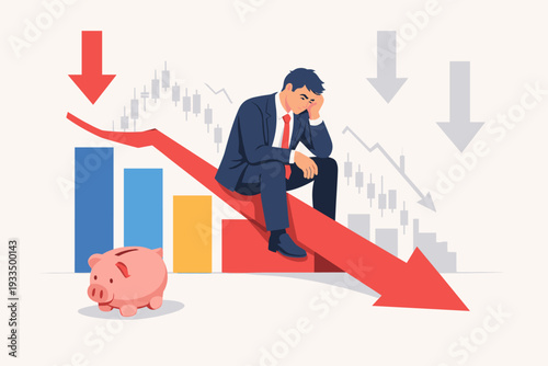 Depressed businessman sitting on a falling red arrow graph with empty piggy bank, illustrating stock market crash, financial crisis, economic recession, bankruptcy, debt and investment failure