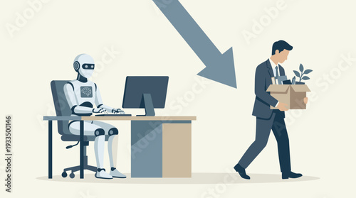 AI Automation Replacing Human Jobs Concept with Robot Working at Desk and Fired Office Worker Carrying Box of Belongings, Unemployment and Layoff Crisis in Modern Business World Illustration