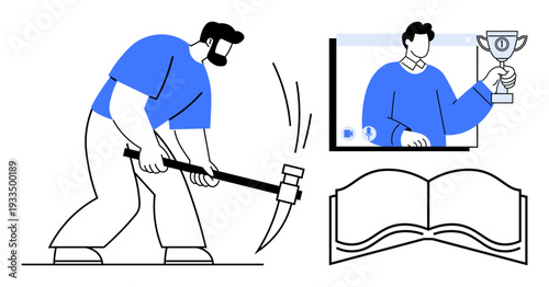 Worker wielding pickaxe for mining, digital display of a person holding a trophy, and an open book. Ideal for education, digital success, hard work, mining, innovation, goals learning