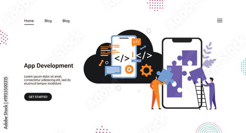 Vector illustration of app development concept with coding and teamwork