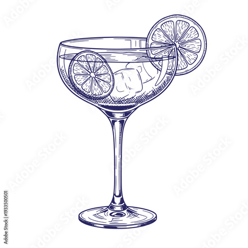 Sketch of cocktail glass with ice cubes and lime slices on white