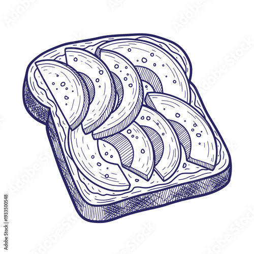 Sketch of a slice of bread topped with banana slices on white background