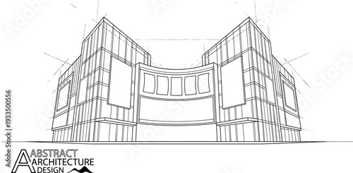 Professional black vector line illustration of symmetrical modern commercial building frontage with curved entrance and signage panels