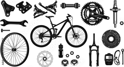Professional black vector silhouette set for bicycle mechanical engineering, workshop tools, mountain bike assembly, and technical hardware