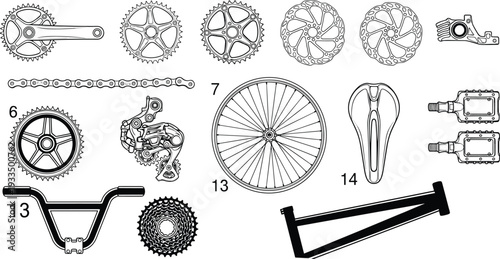 Professional black vector line illustration set of numbered bicycle performance parts, BMX handlebars, and racing drivetrain components