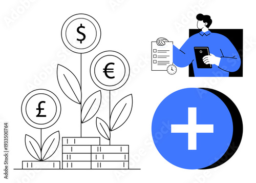 Financial growth concept. Stacked coins, currency symbols, and growing plants financial strategies and progress. A person evaluates data digitally. Useful for economics, investments, wealth, fintech