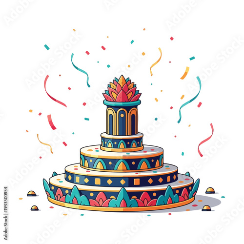 Colorful Cartoon Cake with Confetti Celebration.