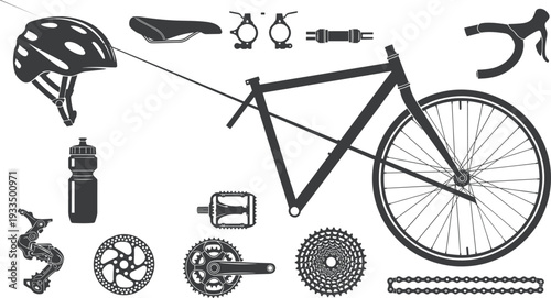 Professional black vector silhouette set of road bike frame, cycling helmet, drivetrain parts, and bike safety accessories
