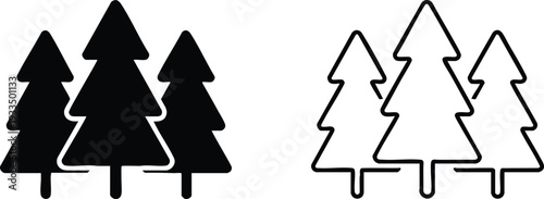 Evergreen Forest Silhouette and Outline, Dual-Style Coniferous Tree Icons, Minimalist Pine Grove Graphics, Simplified Nature and Forestry Symbols, vector, illustration, silhouette.