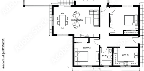 Technical 2D vector house floor plan featuring a single story layout with living dining area bedroom kitchen and bathroom