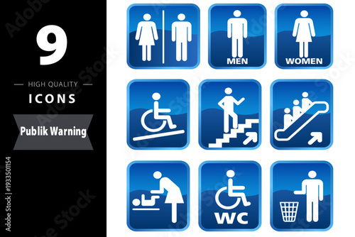 A collection of nine high-quality blue icons for public facilities, including restrooms, accessibility ramps, stairs, escalators, baby changing stations, and waste disposal.