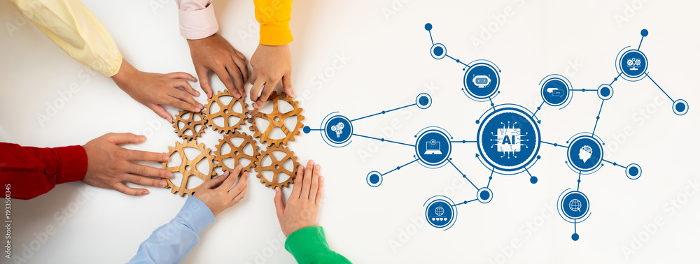 Obraz premium A diverse group of hands collaborating on a gear assembly symbolizes teamwork and innovation while a backdrop of artificial intelligence elements represents technological advancement. Amity