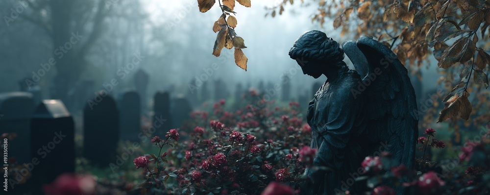 Naklejka premium Dark silhouette of an angel statue among red roses and headstones in a foggy cemetery with autumn leaves, concept for memorial design, gothic literature illustration and spiritual remembrance services