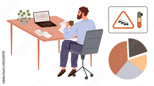 Productivity, work culture, traffic management, data analysis, business efficiency, remote work. A man sits at a desk with a laptop, documents and coffee with traffic and chart icons . Productivity
