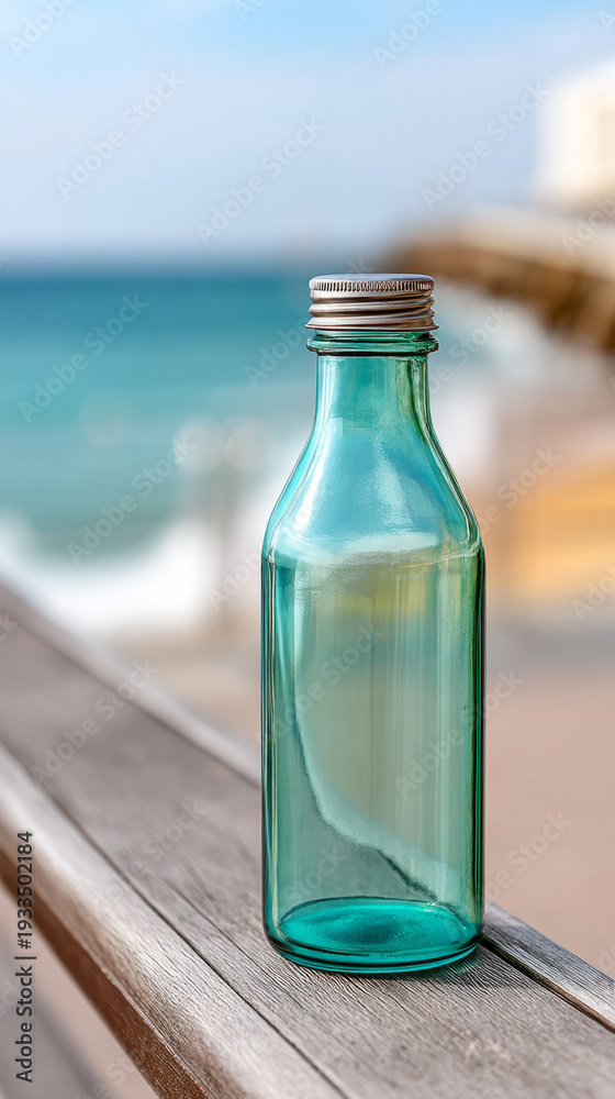 Obraz premium Sustainable living concept: reusable glass bottle by the beach