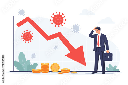 Businessman in Suit Looking Stressed Next to a Falling Red Arrow Graph Representing Economic Crisis and Stock Market Crash During Coronavirus Pandemic Outbreak with Virus Icons and Gold Coins.