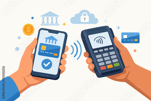 Contactless Mobile Payment Concept with Smartphone and POS Terminal for Secure Digital Transactions, NFC Technology for Wireless Banking, Credit Card Data Transfer, and Modern Retail Commerce Vector