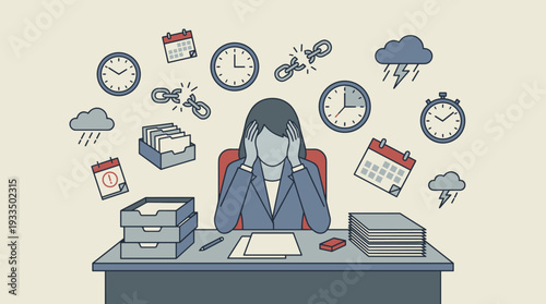 Stressed Businesswoman Sitting at Desk Surrounded by Workload Icons Like Clocks, Calendars, and Storm Clouds, Representing Burnout, Emotional Overload, and Time Management Pressure in the Workplace.