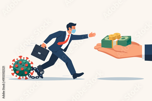 Businessman Wearing Face Mask Chained to Coronavirus Pathogen Running for Money from a Helping Hand, Concept of Economic Recovery, Financial Aid and Business Struggle During COVID-19 Pandemic