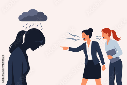 Workplace Bullying and Harassment Concept with Sad Woman Silhouette Under Rain Cloud Being Shouted at by Angry Female Colleagues in Office, Toxic Corporate Culture and Mental Health Stress