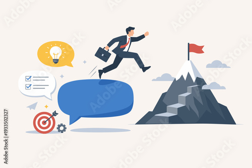 Businessman jumping from a speech bubble to a mountain peak with a flag, symbolizing expert advice, effective feedback, and motivation for career success, goal achievement, and leadership growth.