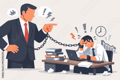 Stressed employee working under intense pressure from a demanding boss in a toxic office environment, chained to a desk with deadlines and high workload causing burnout and mental exhaustion.