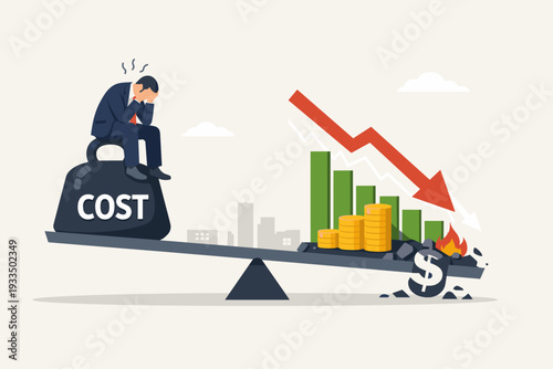 Business concept of high costs and falling profits with a stressed businessman sitting on a heavy cost weight on a seesaw, causing profit charts and money to crash under a red downward arrow.