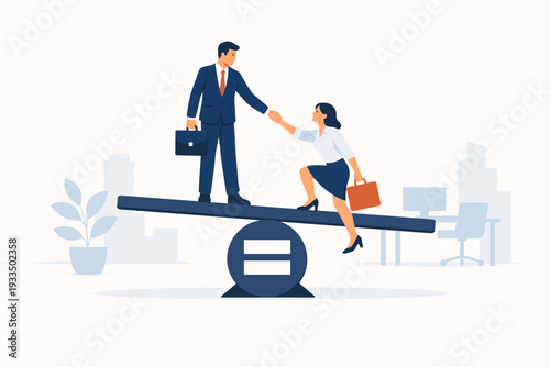 Gender Equality in Office Concept with Man Helping Woman Climb Career Ladder on Balance Scale with Equals Sign, Workplace Diversity, Inclusion, and Equal Opportunity Professional Illustration