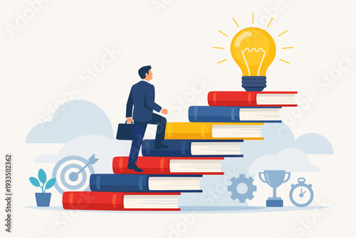 Businessman Climbing a Staircase of Books Towards a Glowing Lightbulb Idea. Concept of Knowledge as a Ladder to Success, Self-Development, Education, Career Growth, and Lifelong Learning.